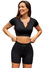 Load image into Gallery viewer, Black Solid Color Ribbed Drawstring Waist Yoga Shorts
