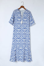 Load image into Gallery viewer, Sky Blue V Neck Casual Geometric Print Maxi Dress
