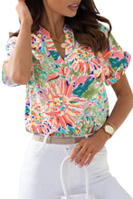 Load image into Gallery viewer, Pink Abstract Floral Print Notch V Neck Rolled Short Sleeve Blouse
