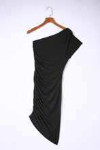 Load image into Gallery viewer, Black One-shoulder Short Sleeve Ruched Bodycon Dress
