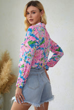 Load image into Gallery viewer, Pink Abstract Floral Print Notch V Neck Rolled Short Sleeve Blouse
