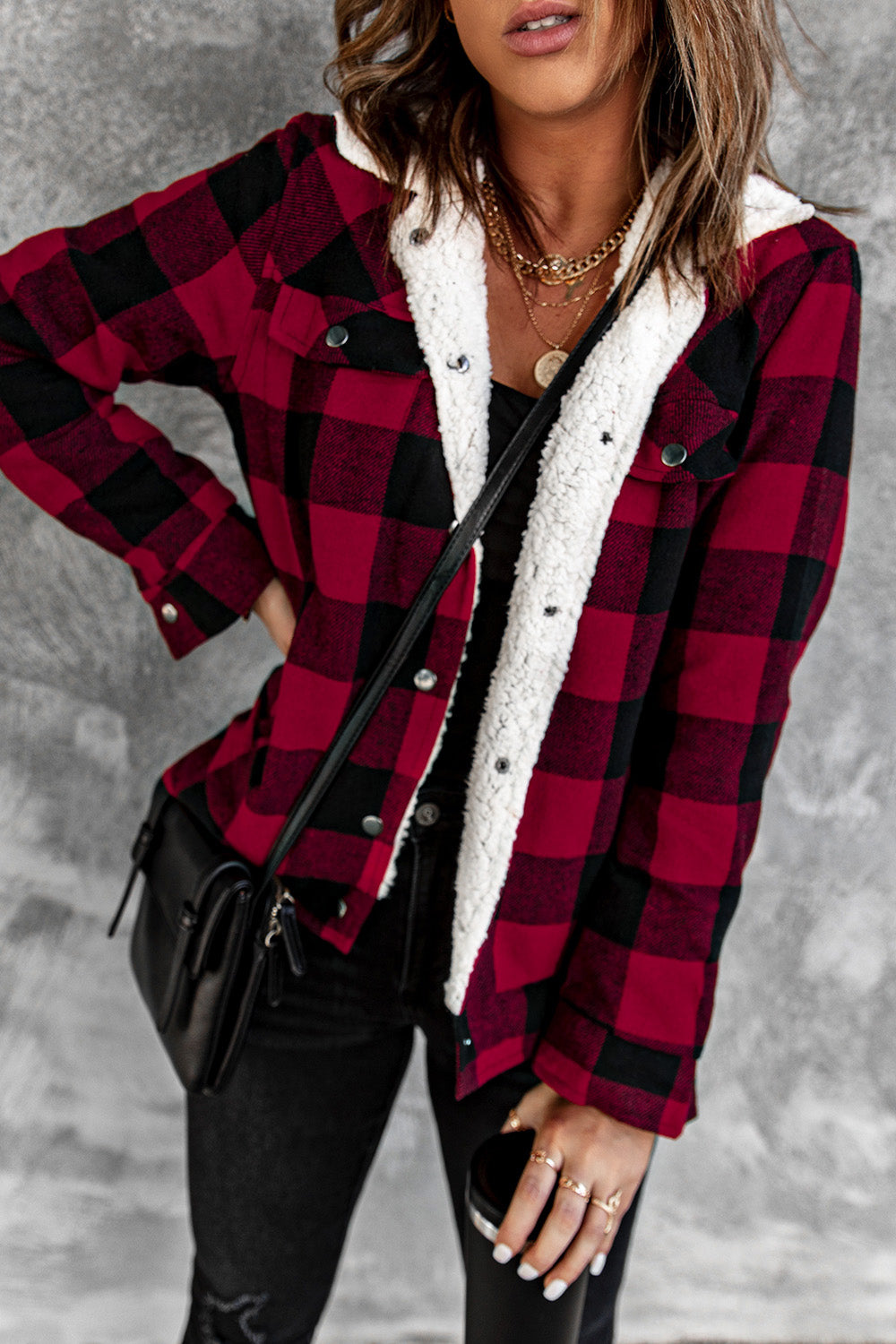Red Plaid Print Fleece Button Jacket