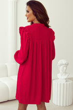 Load image into Gallery viewer, Fiery Red Textured Ruffled Trim V Neck Loose Fit Mini Dress
