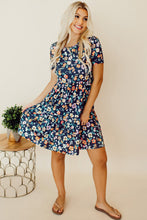 Load image into Gallery viewer, Blue Short Sleeve A-line Floral Dress

