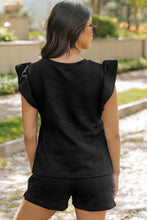 Load image into Gallery viewer, Black Textured Ruffled Sleeve Tee and Drawstring Shorts Set
