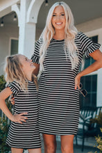 Load image into Gallery viewer, Black Striped T-shirt Mini Dress with Ruffled Sleeves
