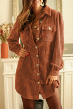 Load image into Gallery viewer, Khaki Corduroy Buttoned 	Long Sleeve Shirt Dress
