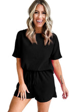 Load image into Gallery viewer, Black Casual Textured Tee and Drawstring Shorts Set
