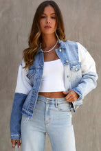 Load image into Gallery viewer, Sky Blue Color Block Denim Patchwork Frayed Hem Jacket
