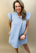 Load image into Gallery viewer, Light Blue Textured Puff Sleeve Ruffled V Neck Shift Mini Dress
