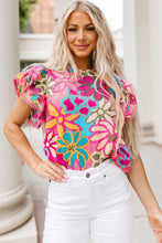 Load image into Gallery viewer, Multicolor Vibrant Floral Print Trimmed Ruffle Sleeve Blouse
