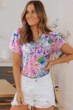 Load image into Gallery viewer, Pink Abstract Floral Print Notch V Neck Rolled Short Sleeve Blouse
