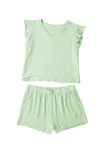 Load image into Gallery viewer, Green Crinkled Texture V Neck Ruffled Sleeve Tops and Shorts Set
