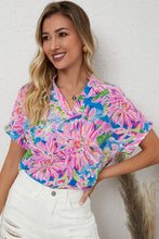 Load image into Gallery viewer, Pink Abstract Floral Print Notch V Neck Rolled Short Sleeve Blouse
