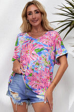 Load image into Gallery viewer, Pink Abstract Floral Print Notch V Neck Rolled Short Sleeve Blouse
