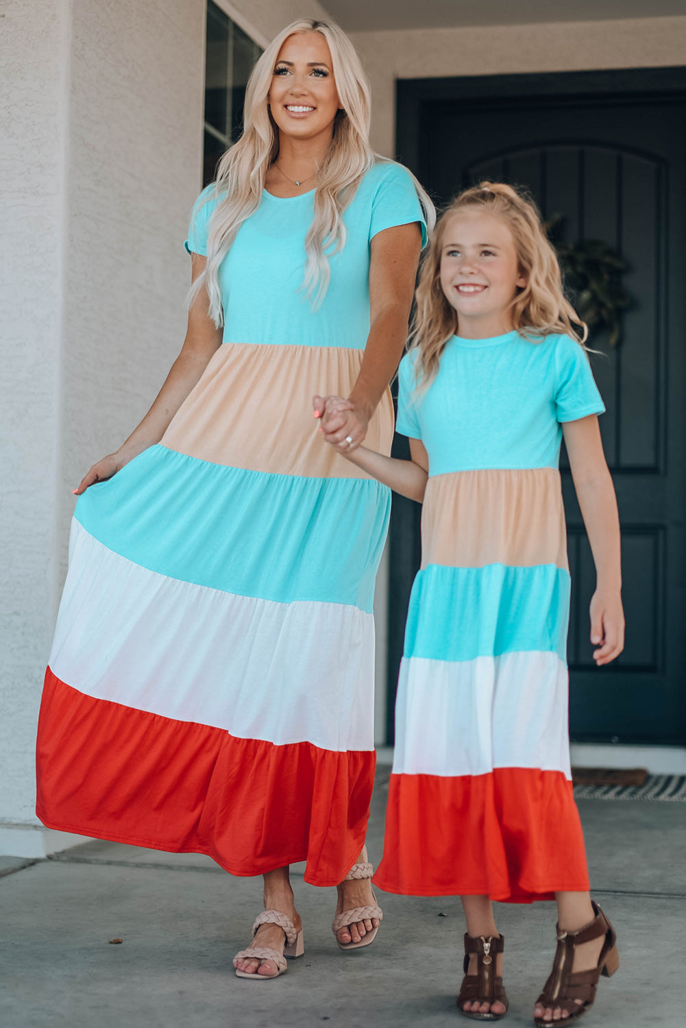 Family Matching Short Sleeve Color Block Adult Maxi Dress