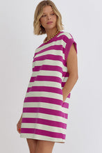 Load image into Gallery viewer, Rose Stripe Cap Sleeve Pocketed Shift T-shirt Dress
