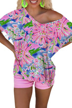 Load image into Gallery viewer, Pink Abstract Floral Print Notch V Neck Rolled Short Sleeve Blouse
