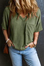 Load image into Gallery viewer, Jungle Green Corded V Neck Chest Pocket Loose T-shirt
