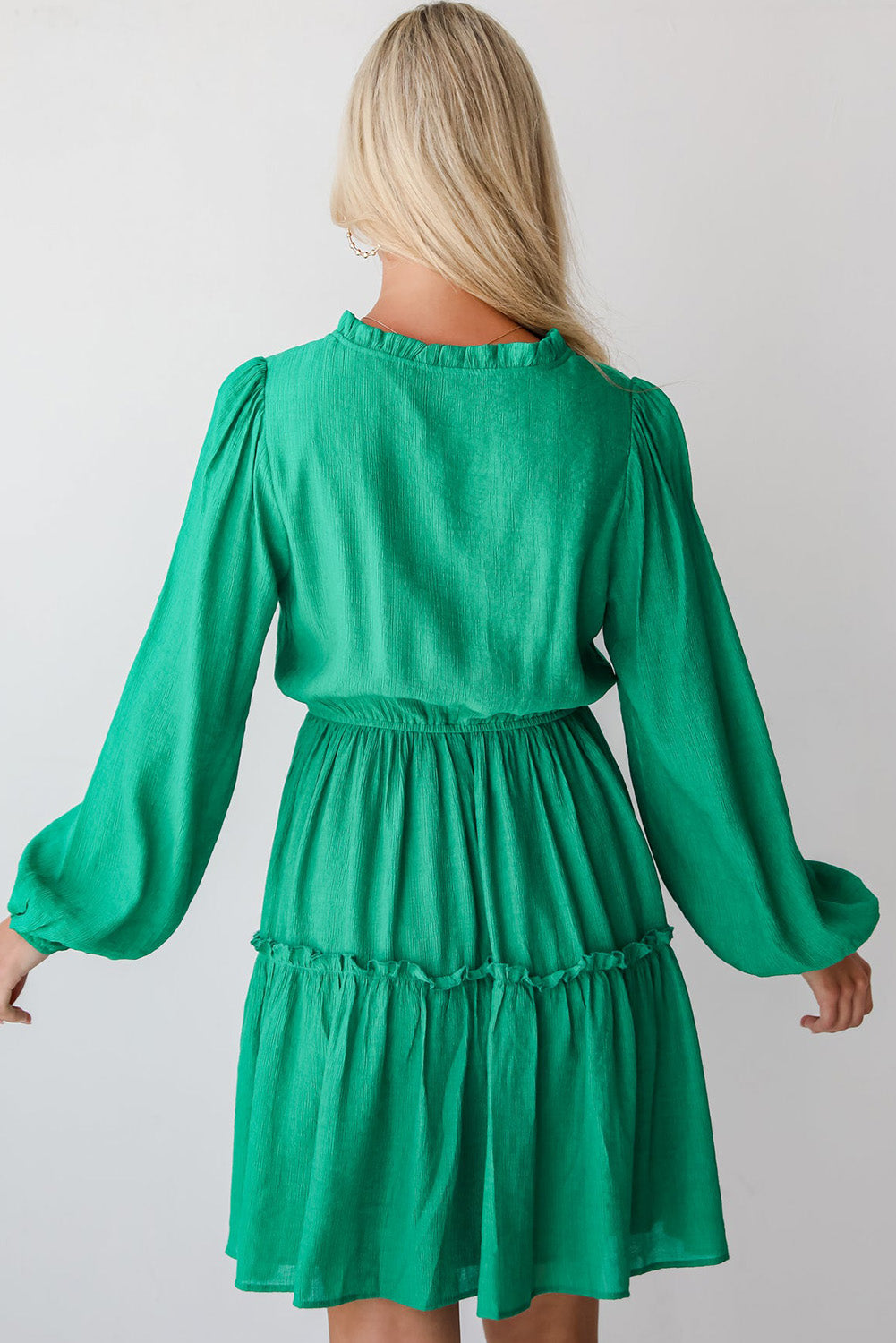 Sea Green Frilly V Neck Puff Sleeve Drawstring Shift Mini Dress Sea Green Frilly V Neck Puff Sleeve Drawstring Shift Mini Dress