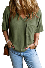 Load image into Gallery viewer, Jungle Green Corded V Neck Chest Pocket Loose T-shirt
