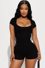 Load image into Gallery viewer, Black Ribbed Square Neck Short Sleeve Athleisure Romper
