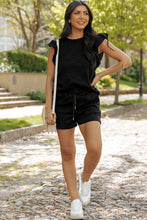 Load image into Gallery viewer, Black Textured Ruffled Sleeve Tee and Drawstring Shorts Set
