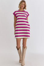 Load image into Gallery viewer, Rose Stripe Cap Sleeve Pocketed Shift T-shirt Dress
