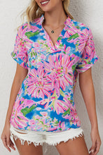 Load image into Gallery viewer, Pink Abstract Floral Print Notch V Neck Rolled Short Sleeve Blouse
