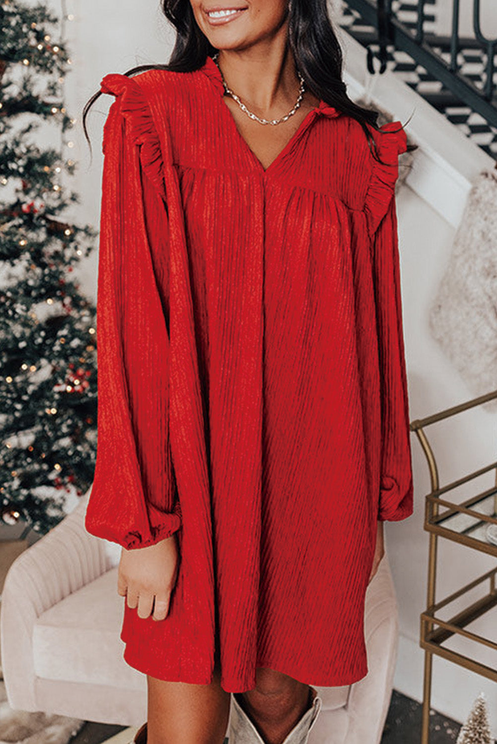 Fiery Red Textured Ruffled Trim V Neck Loose Fit Mini Dress – Sofia Jewelry  llc