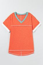 Load image into Gallery viewer, Grapefruit Orange Contrast Trim Exposed Seam V Neck T-shirt
