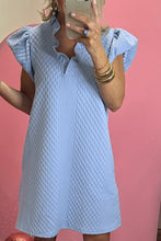Load image into Gallery viewer, Light Blue Textured Puff Sleeve Ruffled V Neck Shift Mini Dress
