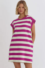 Load image into Gallery viewer, Rose Stripe Cap Sleeve Pocketed Shift T-shirt Dress
