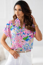 Load image into Gallery viewer, Pink Abstract Floral Print Notch V Neck Rolled Short Sleeve Blouse
