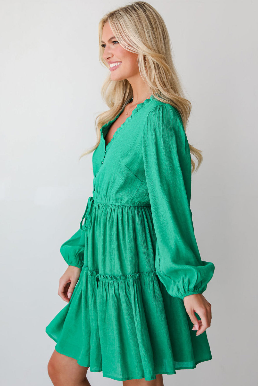 Sea Green Frilly V Neck Puff Sleeve Drawstring Shift Mini Dress Sea Green Frilly V Neck Puff Sleeve Drawstring Shift Mini Dress