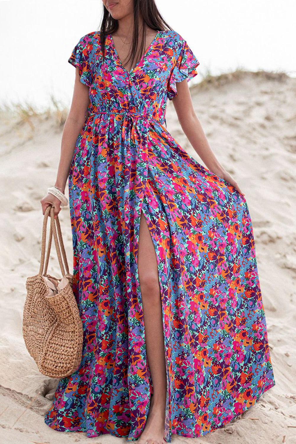 flower maxi split dress Blue Floral Print V Neck Wrap Split Maxi Dress