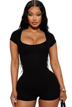Load image into Gallery viewer, Black Ribbed Square Neck Short Sleeve Athleisure Romper
