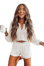 Load image into Gallery viewer, White Waffle Knit Buttoned Long Sleeve Crop and Shorts Lounge Set
