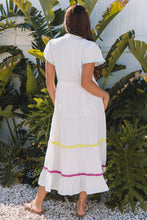 Load image into Gallery viewer, White Colorblock Rickrack Trim Short Sleeve Drawstring Waist Long Dress
