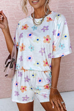 Load image into Gallery viewer, White Flower Print Short Sleeve High Waist Two Piece Shorts Set
