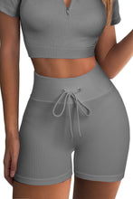 Load image into Gallery viewer, Black Solid Color Ribbed Drawstring Waist Yoga Shorts

