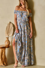 Load image into Gallery viewer, Blue Boho Paisley Print Off Shoulder Maxi Dress
