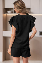 Load image into Gallery viewer, Black Textured Ruffled Sleeve Tee and Drawstring Shorts Set
