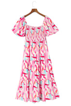 Load image into Gallery viewer, Pink Brush Stroke Printed Smocked Ruffle Tiered Dress
