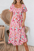 Load image into Gallery viewer, Pink Brush Stroke Printed Smocked Ruffle Tiered Dress
