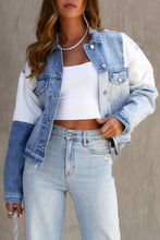 Load image into Gallery viewer, Sky Blue Color Block Denim Patchwork Frayed Hem Jacket
