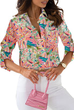 Load image into Gallery viewer, Pink Abstract Floral Print Notch V Neck Rolled Short Sleeve Blouse
