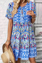 Load image into Gallery viewer, Sky Blue Bohemian Print Tie Neck Ruffle Hem Short Dress
