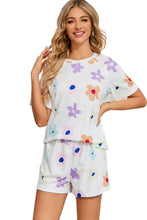 Load image into Gallery viewer, White Flower Print Short Sleeve High Waist Two Piece Shorts Set
