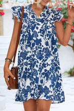 Load image into Gallery viewer, Sail Blue Floral Ruffled Cap Sleeve Tied Neck Mini Dress
